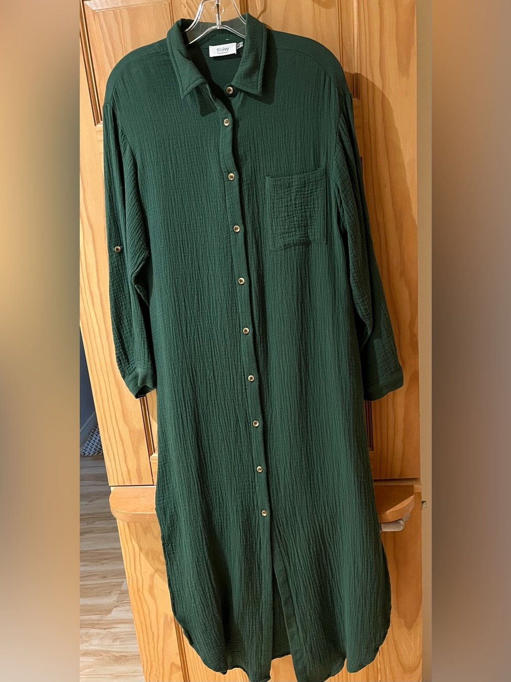 BLUIVY. 100% Cotton Gauze Shirt Dress – Forest Green – Size S